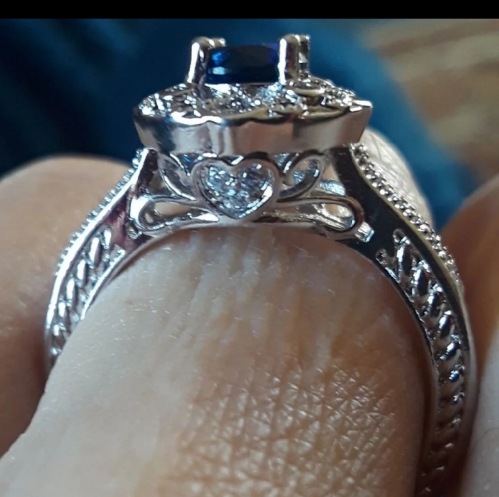 💜WEDDING/ ENGAGEMENT BLUE ROUND CUT RING SZ 9 - Picture 2 of 5